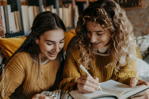 Close up photo of a happy mother and daughter writin 1721042322 3 photo