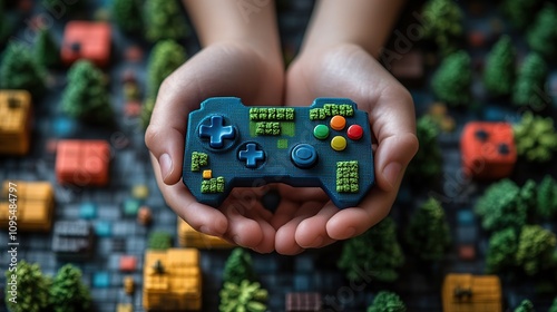 Child's Hands Holding a Miniature Game Controller Against a Detailed Miniature Cityscape Background