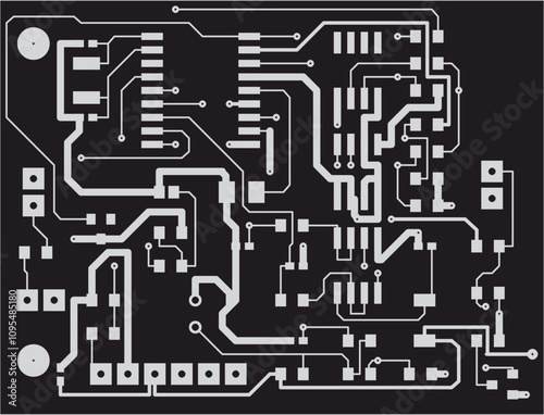 Tracing conductors of printed circuit board of electronic device. Vector engineering drawing of pcb design. Electric background. Computer technic cad project.