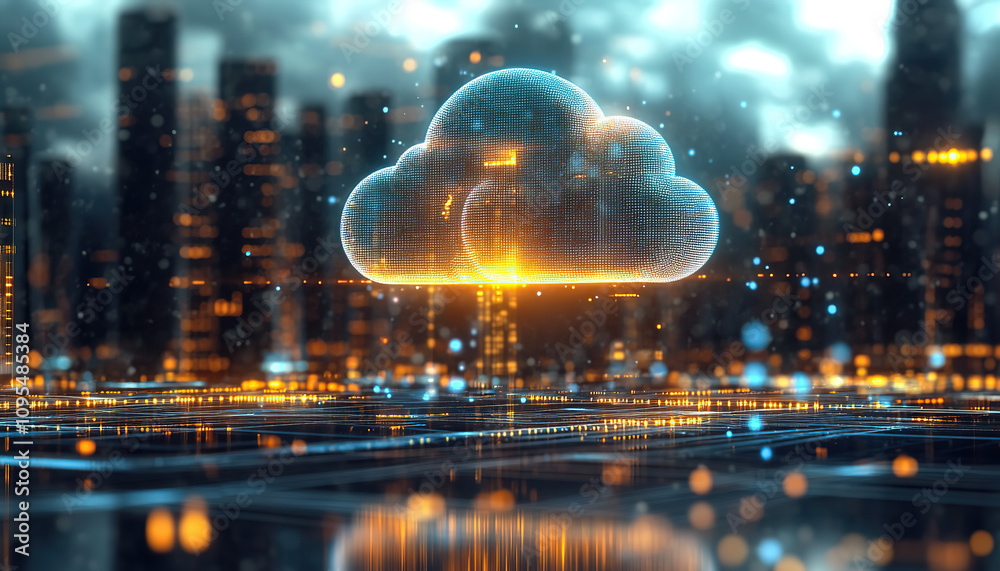 Fototapeta premium Futuristic Cloud Computing Concept with Digital City Background