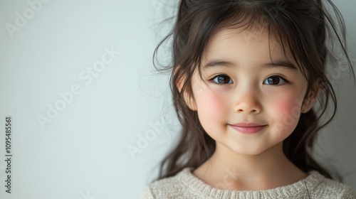 Portrait of young girl with sweet smile, bright eyes, innocent expression, natural beauty, soft background, childlike charm, simple clothing, joyful mood