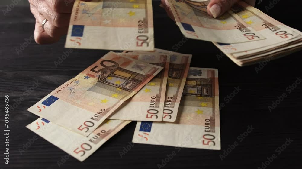 Female Hands Slowly Counting Fifty Euro Bills On A Table Female Hands Slowly Counting Fifty Euro Bills On A Table