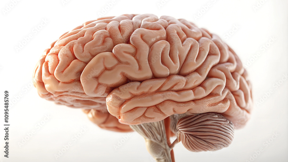 Human brain anatomy model, neutral mood, side view against bright background Human brain anatomy model, neutral mood, side view against bright background