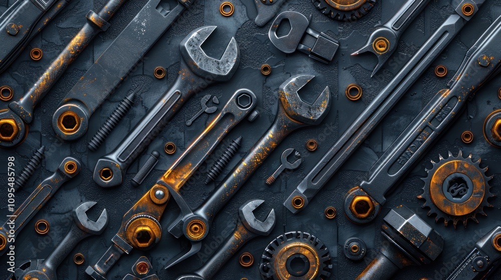 Rusty metal tools and parts arranged on dark background. Rusty metal tools and parts arranged on dark background.