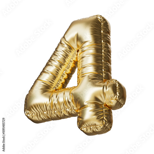 Number four in the shape of a balloon, isolated on a transparent background. An inflatable balloon of gold color with a glossy texture.