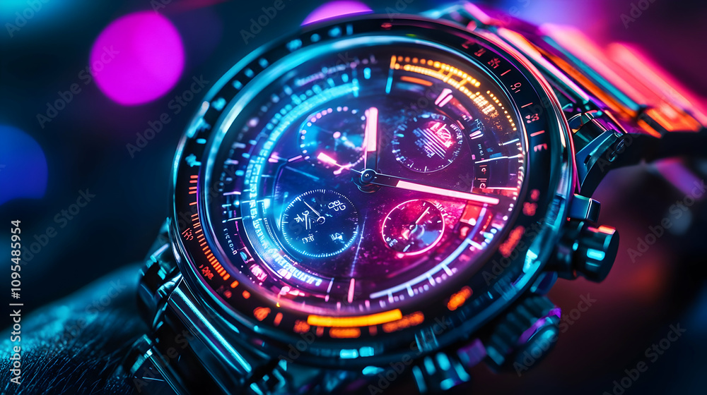 Neon Chronograph Wristwatch 3D Illustration Neon Chronograph Wristwatch 3D Illustration