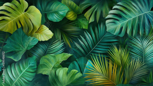Lush Tropical Foliage Revealing Intricate Palm Patterns Under the Sunlight in a Vibrant Jungle Setting