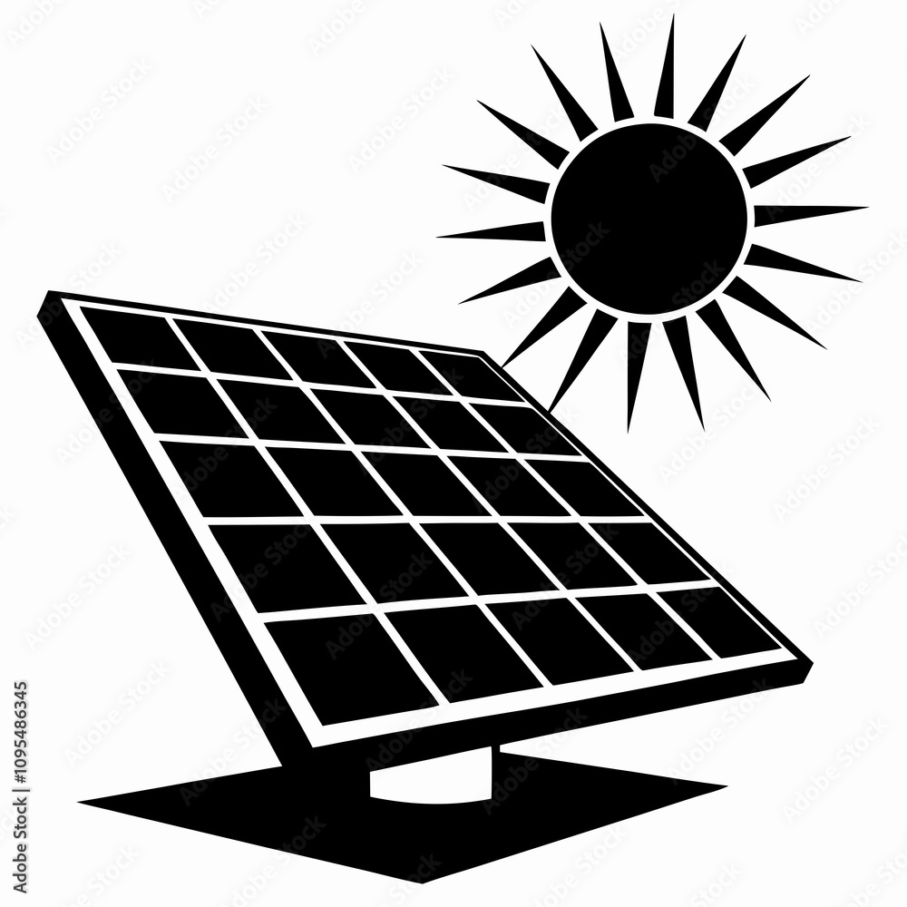 Black silhouette of a solar panel and sun, representing solar energy and renewable resources.