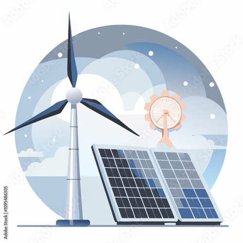 Modern renewable energy sources displayed against cloudy sky. Wind turbine and solar panels capture natural power, with mechanical gear element symbolizing energy conversion. Concept: sustainability