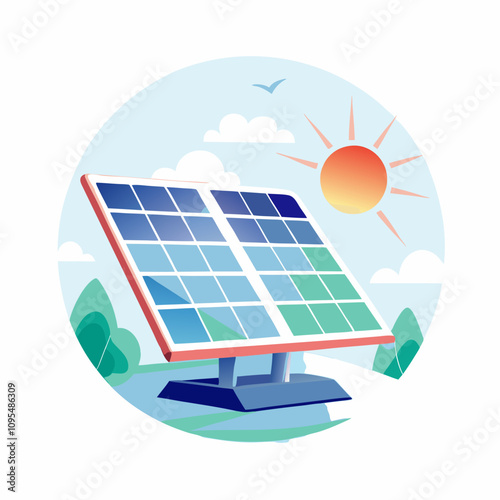 Colorful solar panel with shining sun and birds, flat cartoon vector on white background. Concept: eco campaign, green energy ad, sustainability visuals, Earth Day, Solar Power Week.