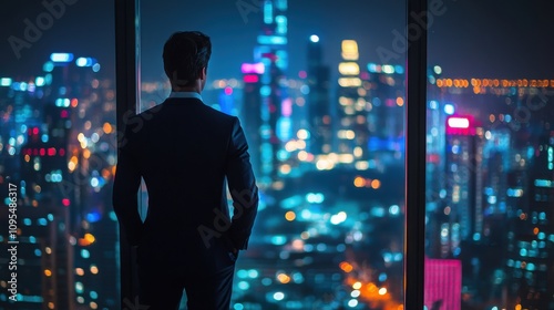 Businessman overlooking city lights at night through large window, urban skyline, professional in suit, high-rise building, ambition, career, modern lifestyle, cityscape, blue tones