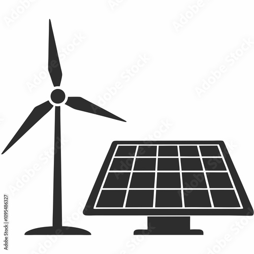 Flat vector icon of wind turbine and solar panel in black, symbol of renewable energy. Concept: eco product branding, energy company site, climate blog, Earth Day, Green Energy Week.
