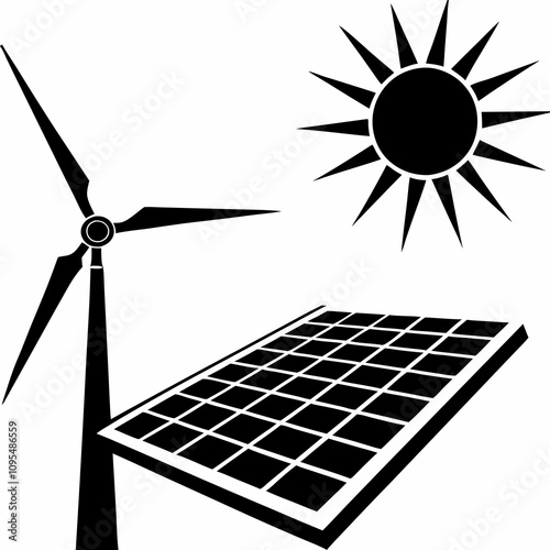 Wind turbine stands beside tilted solar panel under radiant sun in black and white illustration. Simple clean design shows complementary renewable technologies in symbolic arrangement. Energy concept