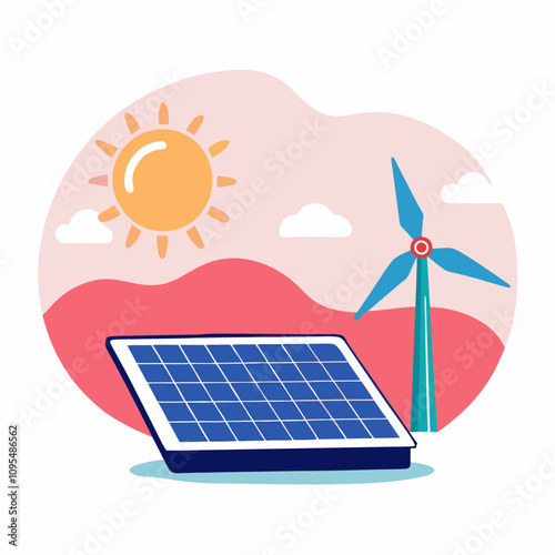 Colorful illustration of a solar panel and wind turbine with sun and clouds representing renewable energy on a pastel background
