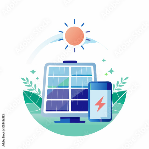 Smartphone charges via solar panel against nature backdrop with calm blue-green palette. Modern clean illustration shows eco-friendly mobile technology in outdoor setting.Energy concept solar charging