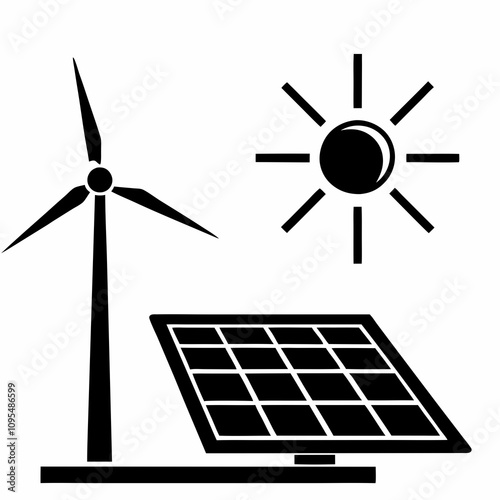 Icon of a wind turbine and solar panel with sun symbol representing renewable energy
