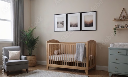 Bright and cozy nursery with neutral tones, a wooden crib, and soft furnishings