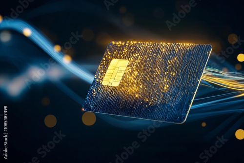 Futuristic concept of digital payments and financial technology. Modern credit card with glowing microchip 