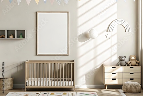 Soft pastel nursery with striped walls, round crib, and cozy decor