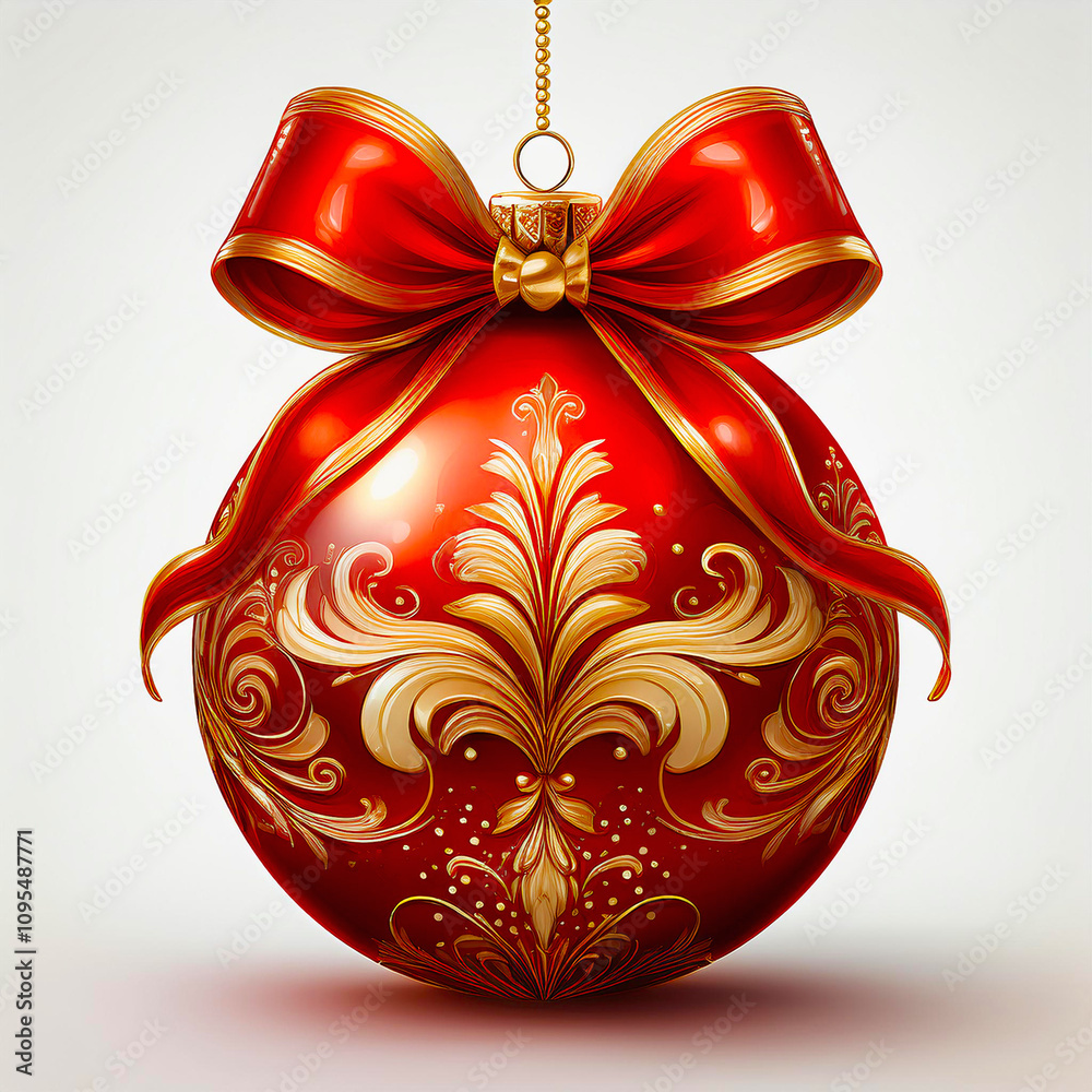 Red Christmas ball with a beautiful bow and a golden pattern. christmas design element isolated on white background. Transparent background Red Christmas ball with a beautiful bow and a golden pattern. christmas design element isolated on white background. Transparent background