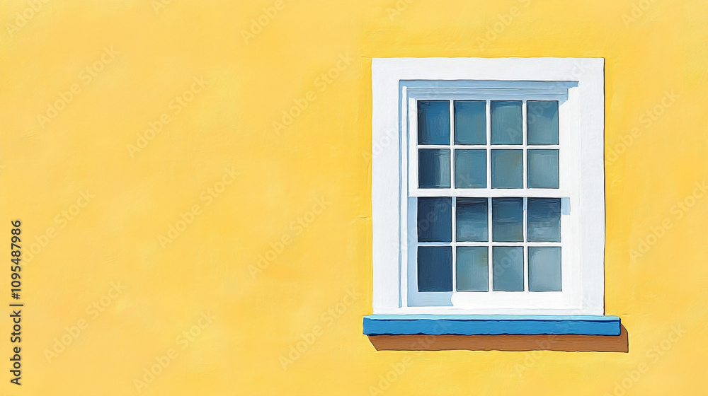 Sunny Yellow House Exterior with White Window and Blue Sill Sunny Yellow House Exterior with White Window and Blue Sill