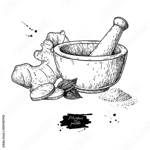 Ginger root with mortar and pestle vector drawing. Grounded ginger root with slices and leaves sketch. 