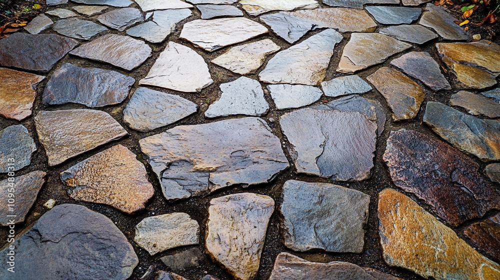 Fototapeta premium Irregular Stone Pathway Garden Walk Cobblestone Texture Rustic Path Natural Stone Fla