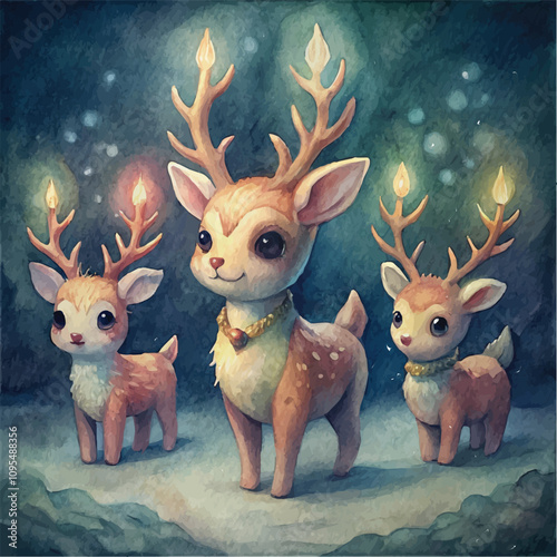 Whimsical reindeer trio with glowing antlers in a magical forest