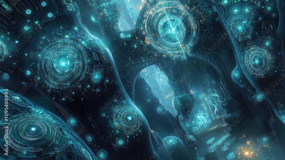 Fototapeta premium Biomechanical structures with glowing circuits and organic shapes