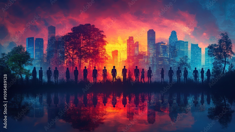 Fototapeta premium Silhouettes of People at Sunset, City Skyline Reflection in Lake