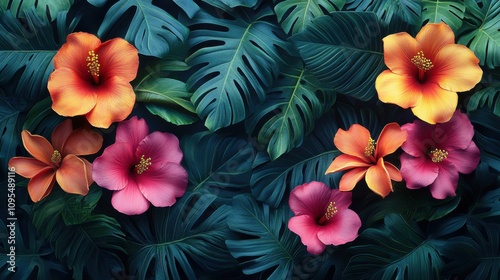 Fototapeta Naklejka Na Ścianę i Meble -  Tropical jungle floral arrangement with hibiscus and plumeria flowers, vibrant colors, exotic rainforest foliage, botanical pattern, lush greenery, nature backdrop, tropical plants, paradise vibes