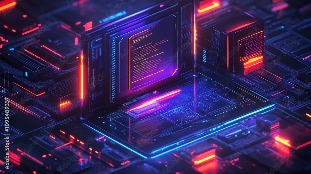 Obraz premium Neon Circuitry: A Digital Landscape of Code and Light