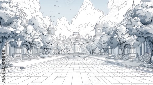 Architectural sketch of a city square with fountain, trees, and buildings.