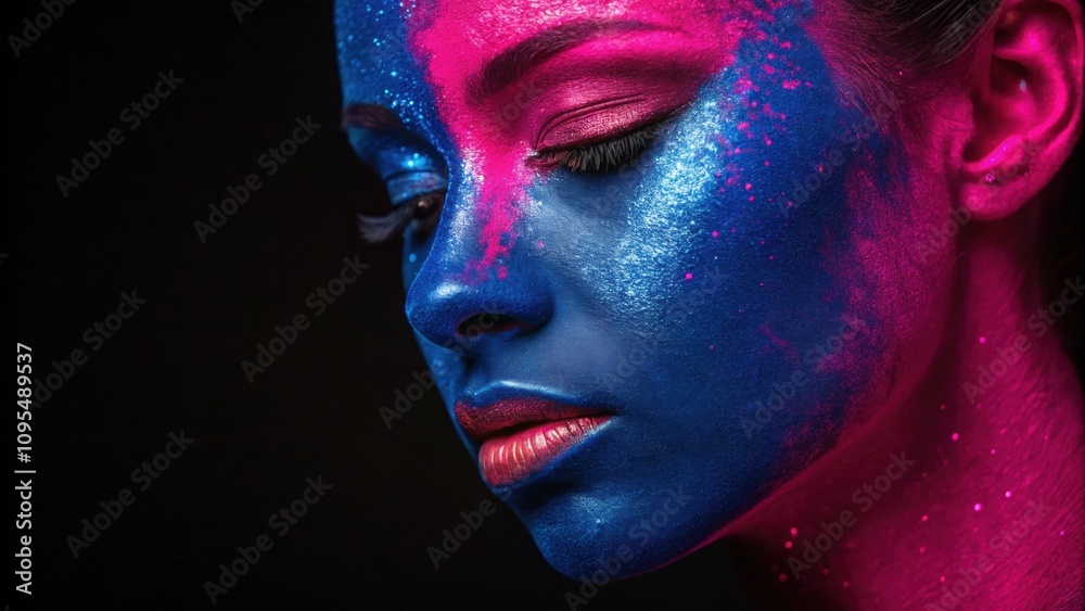 In this captivating image a face is painted with a vivid split of neon blue on the left side and a vivid neon pink on the right. The colors are rich and glossy reflecting light and