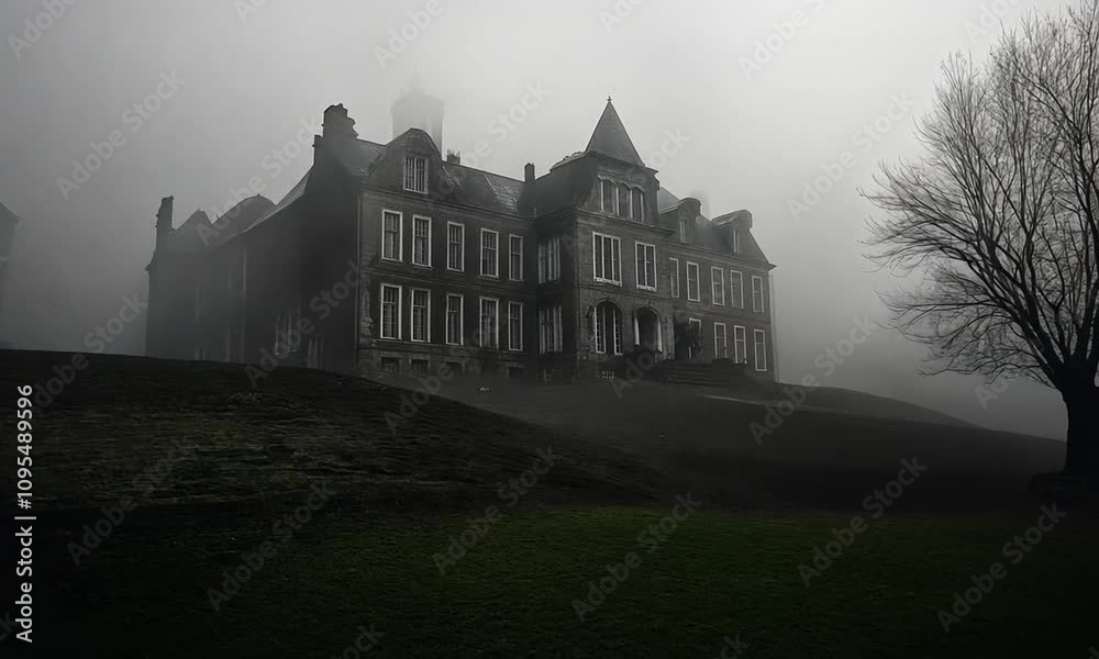 Mysterious Old Mansion Shrouded in Thick Fog on a Gloomy Day with Leafless Tree in the Foreground and Dark Silhouette of Architecture in the Background
