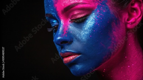 In this captivating image a face is painted with a vivid split of neon blue on the left side and a vivid neon pink on the right. The colors are rich and glossy reflecting light and