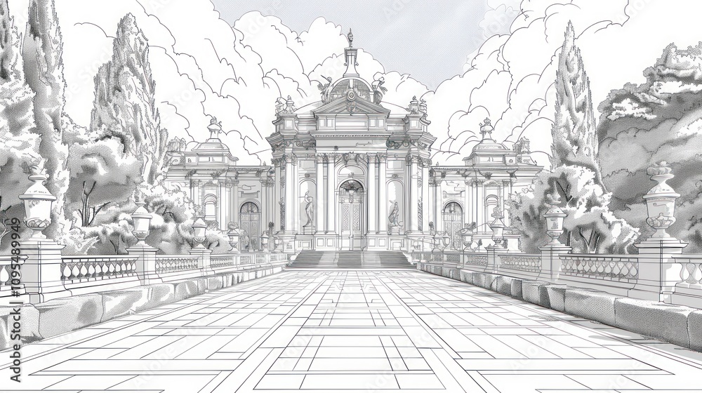 Obraz premium Architectural sketch of a grand palace with a long paved pathway, lush greenery, and cloudy sky.