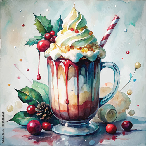 Elegant Christmas milkshake with holly, whipped cream, and festive accents