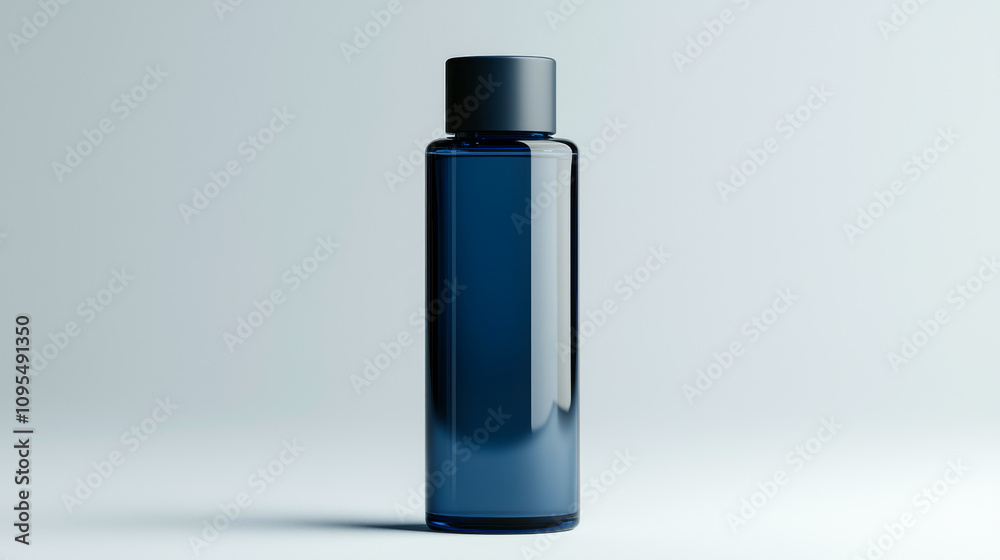 A dark blue bottle stands upright on a light gray background, showcasing its sleek design and smooth texture. A dark blue bottle stands upright on a light gray background, showcasing its sleek design and smooth texture.