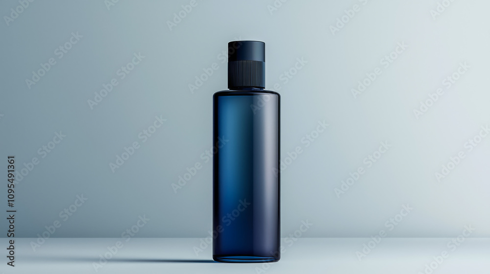A sleek blue glass bottle stands upright on a smooth surface against a light backdrop, showcasing its elegant design. A sleek blue glass bottle stands upright on a smooth surface against a light backdrop, showcasing its elegant design.