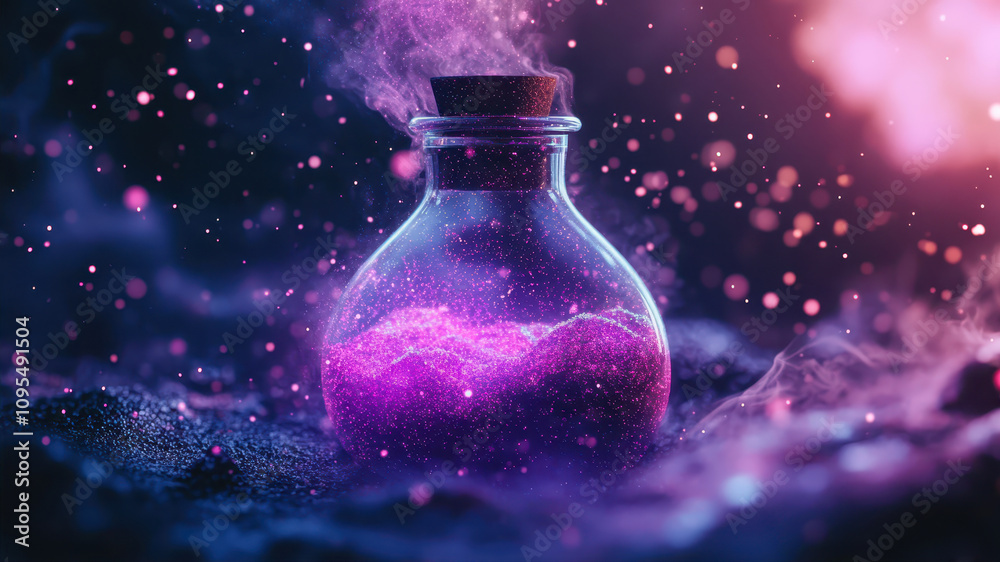 Bright Purple Magic Potion Glowing With Vibrant Sparkles in a Mystical Setting Bright Purple Magic Potion Glowing With Vibrant Sparkles in a Mystical Setting