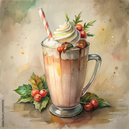 Festive holiday milkshake with whipped cream and red berries garnish