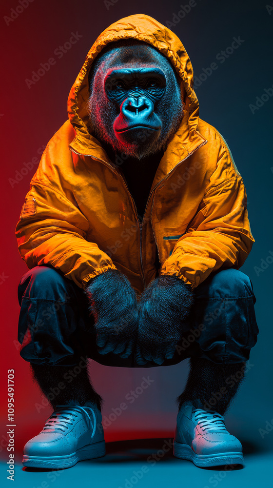 A stylish gorilla in an orange hoodie and sneakers poses against a vibrant urban backdrop. A stylish gorilla in an orange hoodie and sneakers poses against a vibrant urban backdrop.