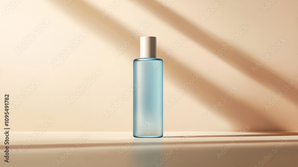 A sleek blue bottle stands upright on a smooth beige surface, casting a gentle shadow from soft lighting. A sleek blue bottle stands upright on a smooth beige surface, casting a gentle shadow from soft lighting.