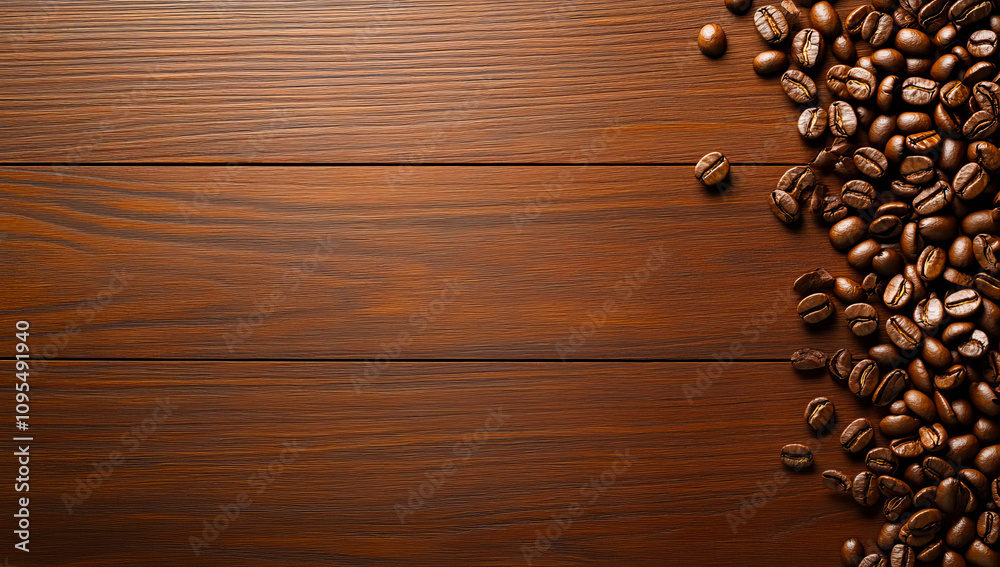 Dark roasted coffee beans are spread across a wooden surface, showcasing their rich color and texture. Dark roasted coffee beans are spread across a wooden surface, showcasing their rich color and texture.