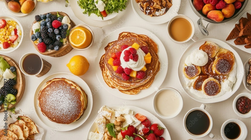 A Table Spread with Pancakes, Fruit, and Coffee for a Delicious Brunch A Table Spread with Pancakes, Fruit, and Coffee for a Delicious Brunch