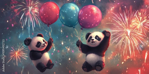 Pandas and teddy bears with balloons under fireworks panorama