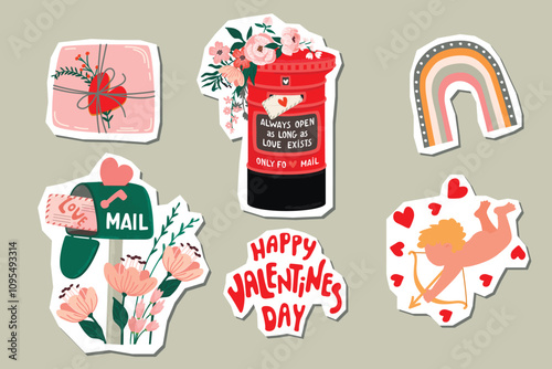 Valentines Day stickers pack with Cupid,mail,greeting sign,gift,hearts,flowers,rainbow.Cartoon objects with roughly cut edges.Vector designs isolated on grey.Romantic elements for card,invitation.
