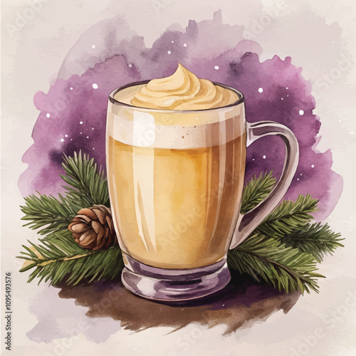 Golden eggnog in a glass mug with pine branch and purple backdrop