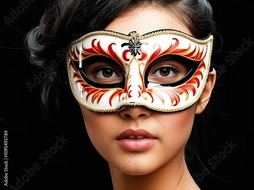 Portrait of a beautiful mysterious girl in a fantasy white with gold and red carnival Venetian mask, black background